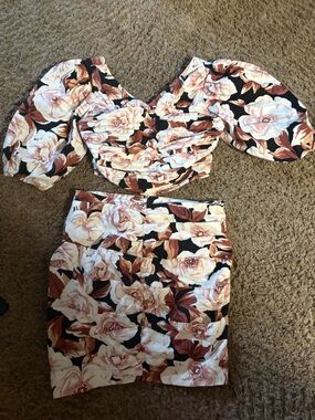 Express Floral Two-Piece Skirt Set in Black, Cream, Brown